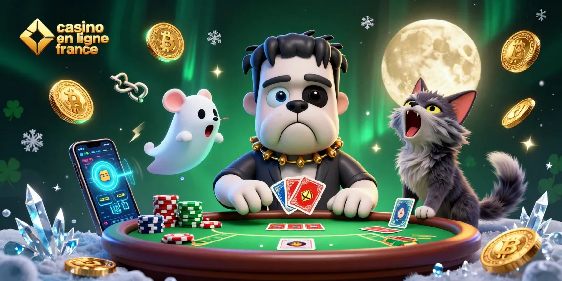 Le casino en ligne France impressionne avec un bulldog Frankenstein distribuant des cartes à une table animée.
