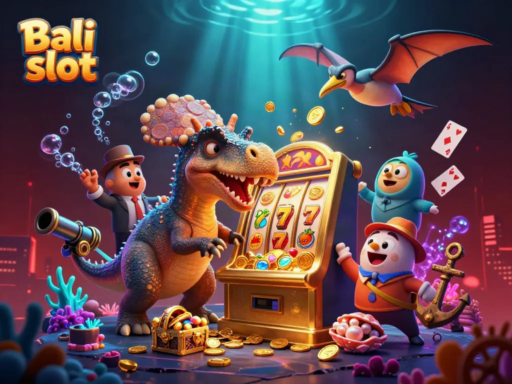Experience the excitement of Bali slot with a cartoon pachycephalosaurus winning jackpots while underwater treasures come alive.