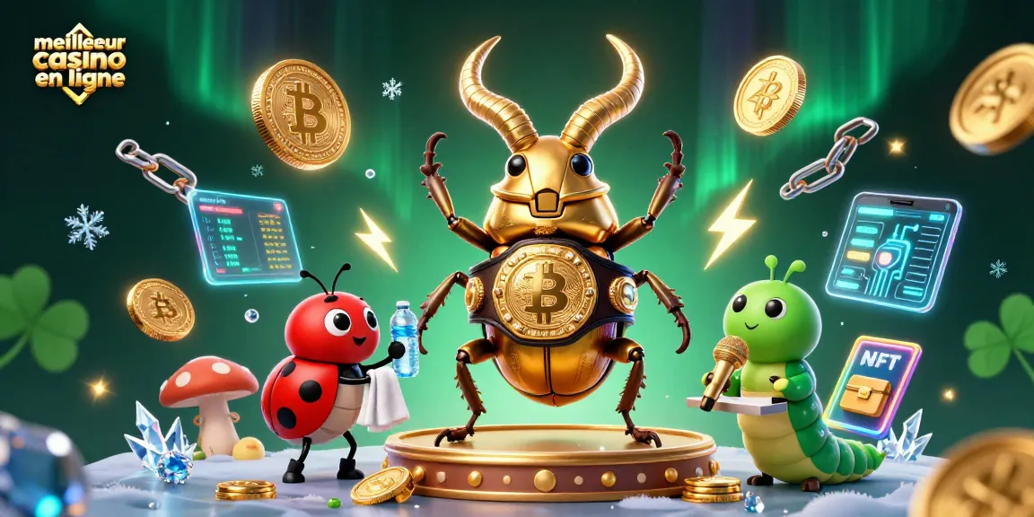 Illustration 3D colorée représentant le meilleur casino en ligne avec un scarabée en boxe et des éléments de crypto-monnaies.