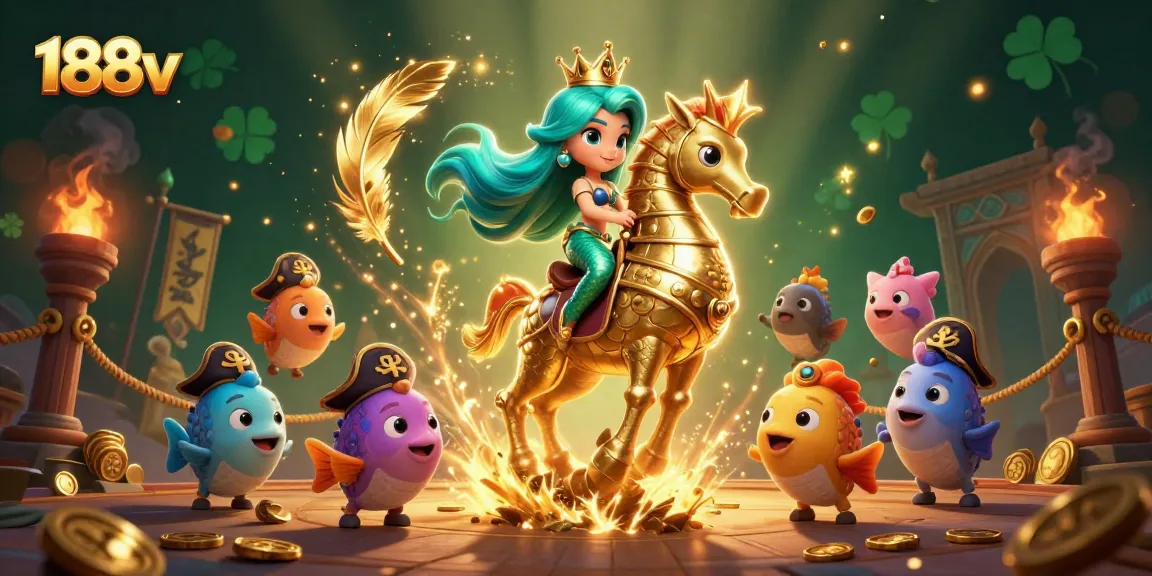 Engage with 188v as the mermaid princess and seahorse bring luck in a vibrant casino scene.