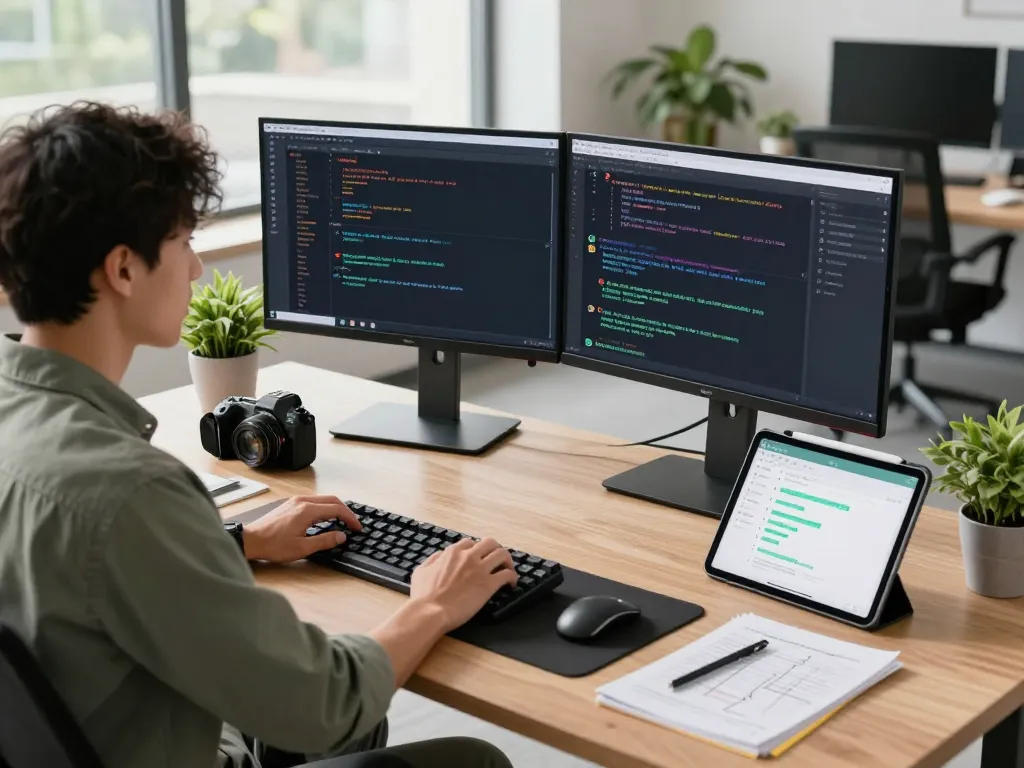 Clawdbot personal AI workspace featuring dual monitors with code and chat notifications in a vibrant office.