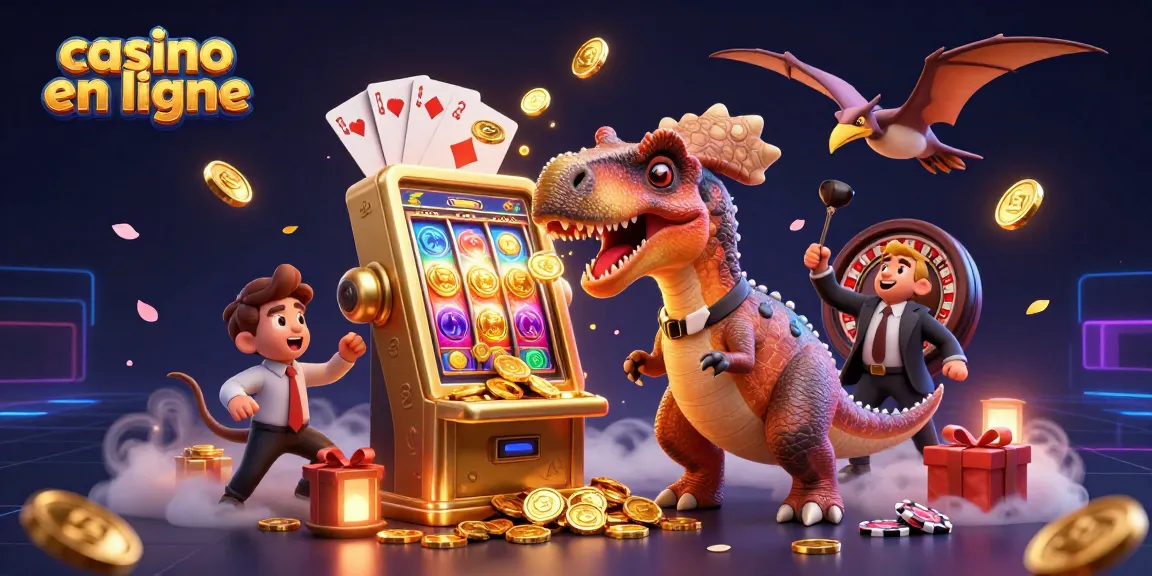 Une illustration dynamique de casino en ligne avec un dinosaure interagissant avec des machines à sous et des pièces en or.