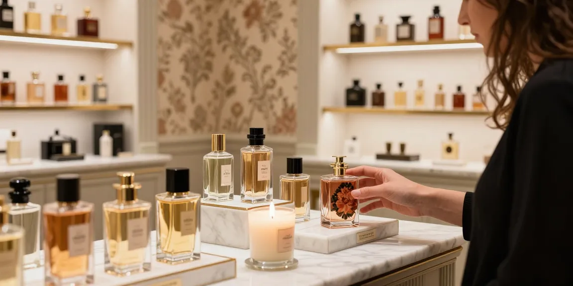 Classic perfumes elegantly arranged in a boutique, showcasing sophistication and luxury