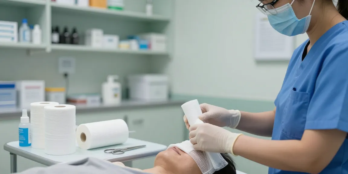 Healthcare professional applying medical gauze to a patient in a clinical setting