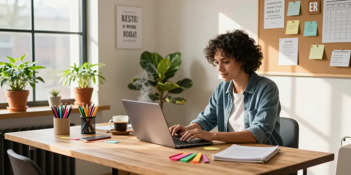 Self-employed professional working in a modern home office with vibrant plants and creative workspace.