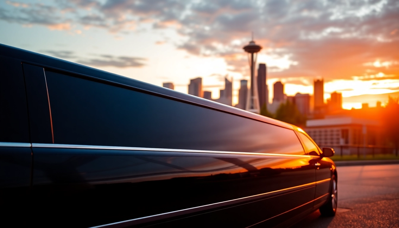 Experience luxury with our limo service vancouver to seattle, featuring an elegant limousine against Seattle's skyline.