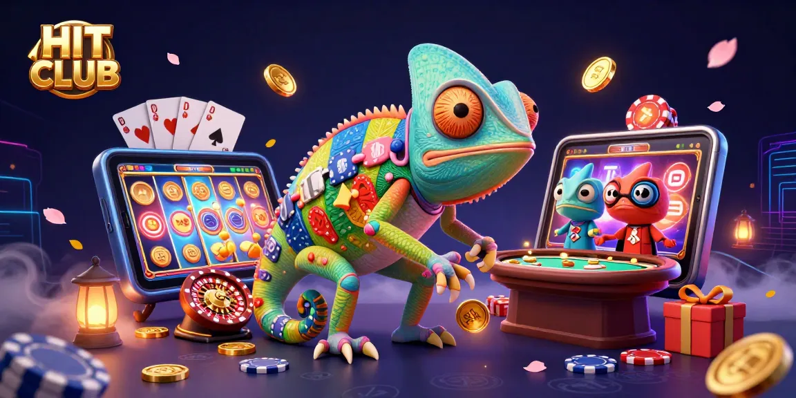 Engaging scene showcasing HIT CLUB with a vibrant chameleon casino owner and dynamic gambling elements.
