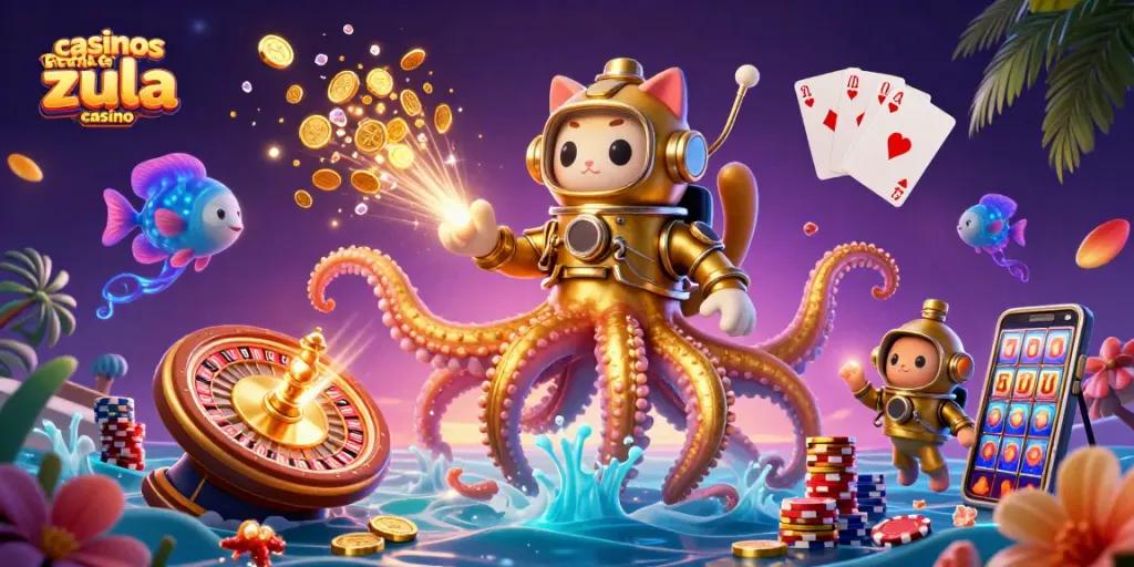Experience exciting gameplay at casinos like Zula Casino with an action-packed scene featuring a kraken and diving cat.