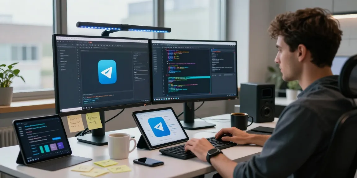 Developer using telegramin-cn.com in a modern workspace with tech gadgets.