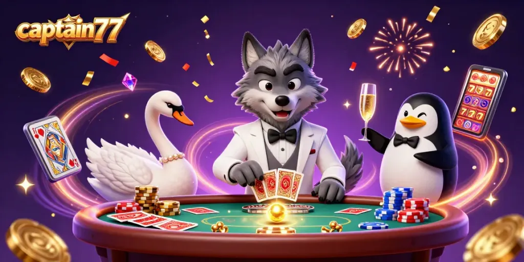 Experience thrilling gameplay with captain77 in vibrant casino scene featuring 3D illustrated characters and dynamic elements.