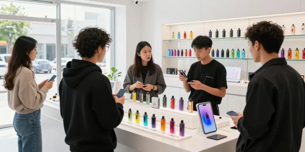 Customer exploring Flum disposable vape options in a modern retail space