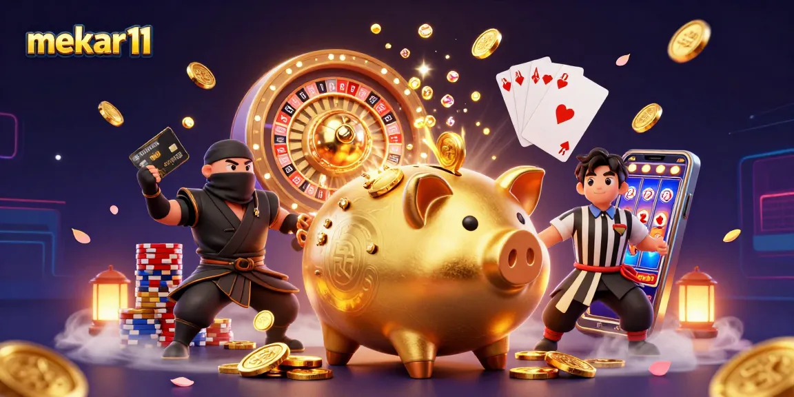Experience thrilling wins on mekar11 with dynamic casino elements, featuring golden coins and poker chips.