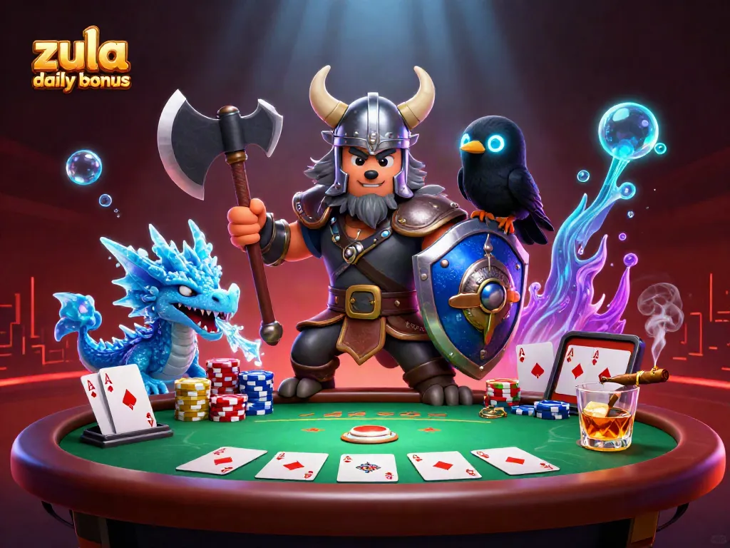 Zula Casino Daily Bonus scene showcasing exciting gameplay elements with a Viking wolf warrior, dragon, and raven amidst poker elements.