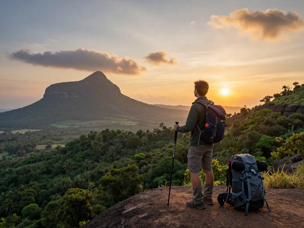 Dandeli traveler enjoying a scenic sunset view with hiking gear and lush green forests.
