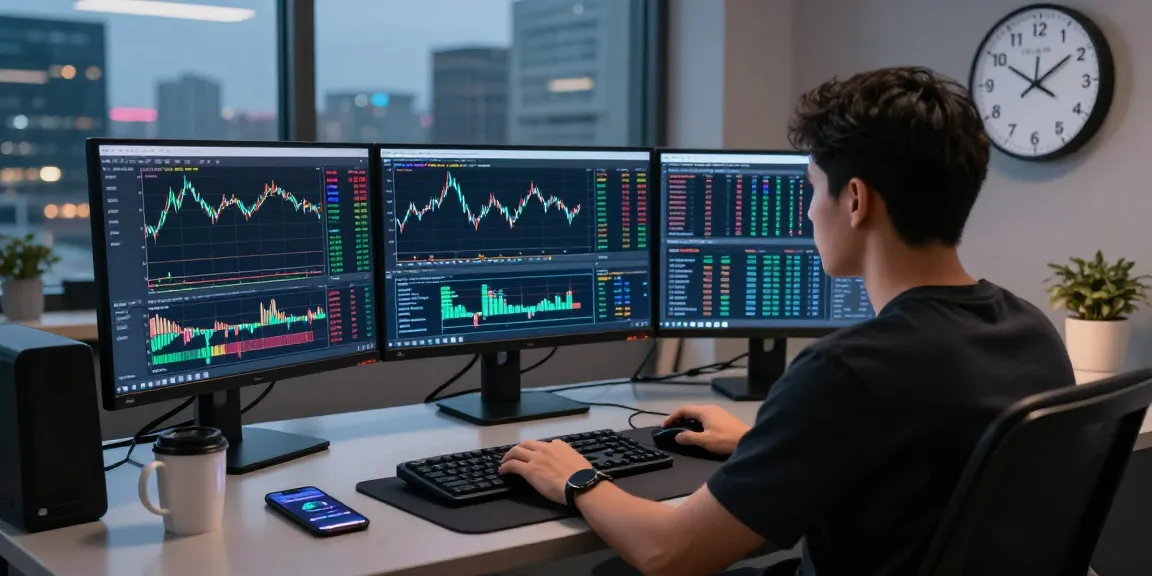 Trader using MetaTrader 5 in a high-tech workstation setting, displaying live market analysis and charts.