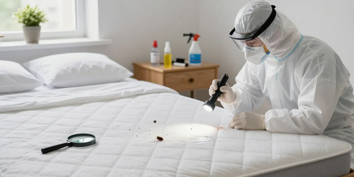 bed bug exterminators inspecting a mattress for bed bugs in a clean bedroom