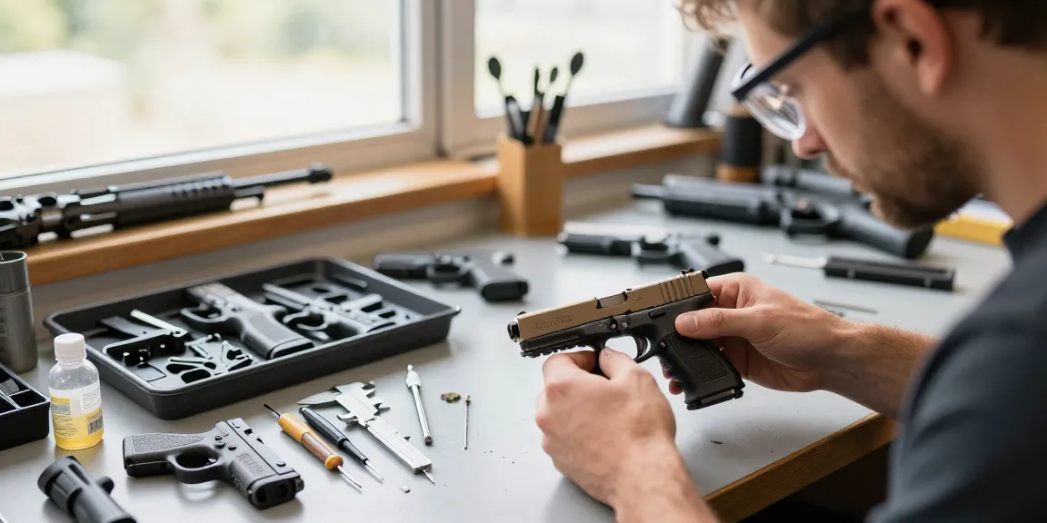 Glock slides customization at https://precisionglockslides.com environment featuring skilled gunsmith at work with tools and precision components