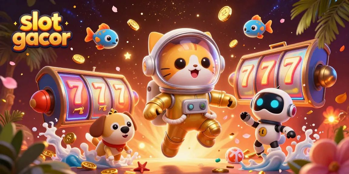 Experience the excitement of slot gacor with vibrant scenes of a floating cat astronaut and robot dog amidst spinning reels and golden coins.