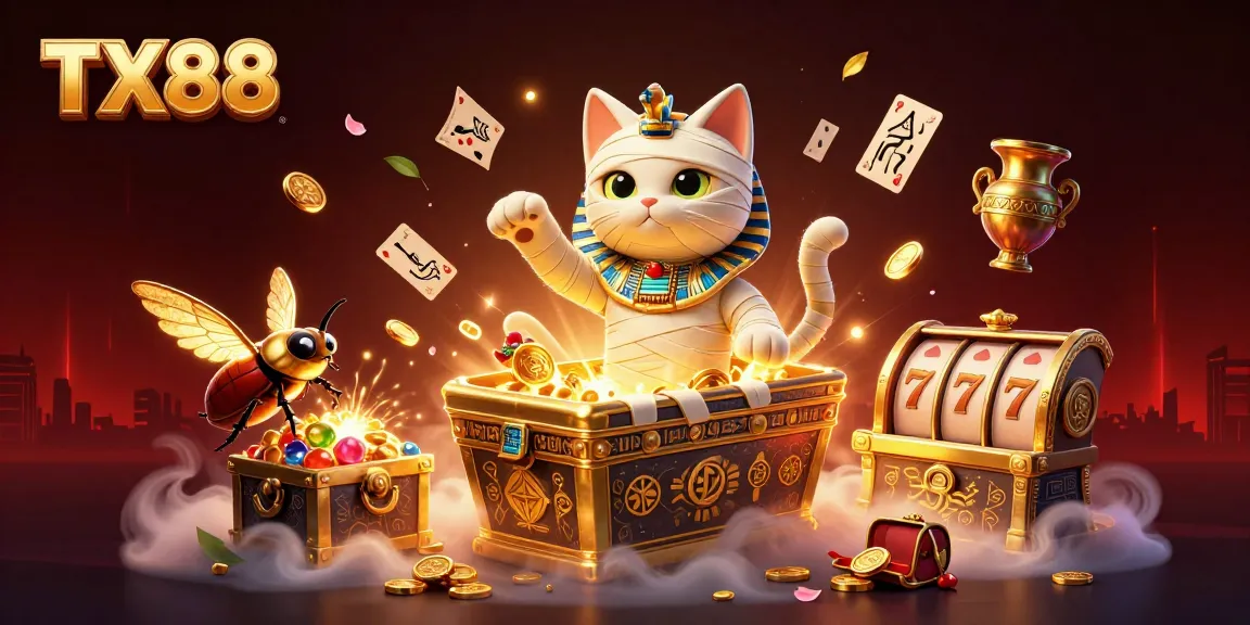 Experience thrilling gameplay with TX88's Egyptian mummy cat and vibrant casino elements in a captivating scene.