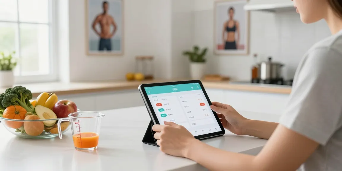 Using the best macro tracker app in a bright kitchen filled with healthy ingredients.