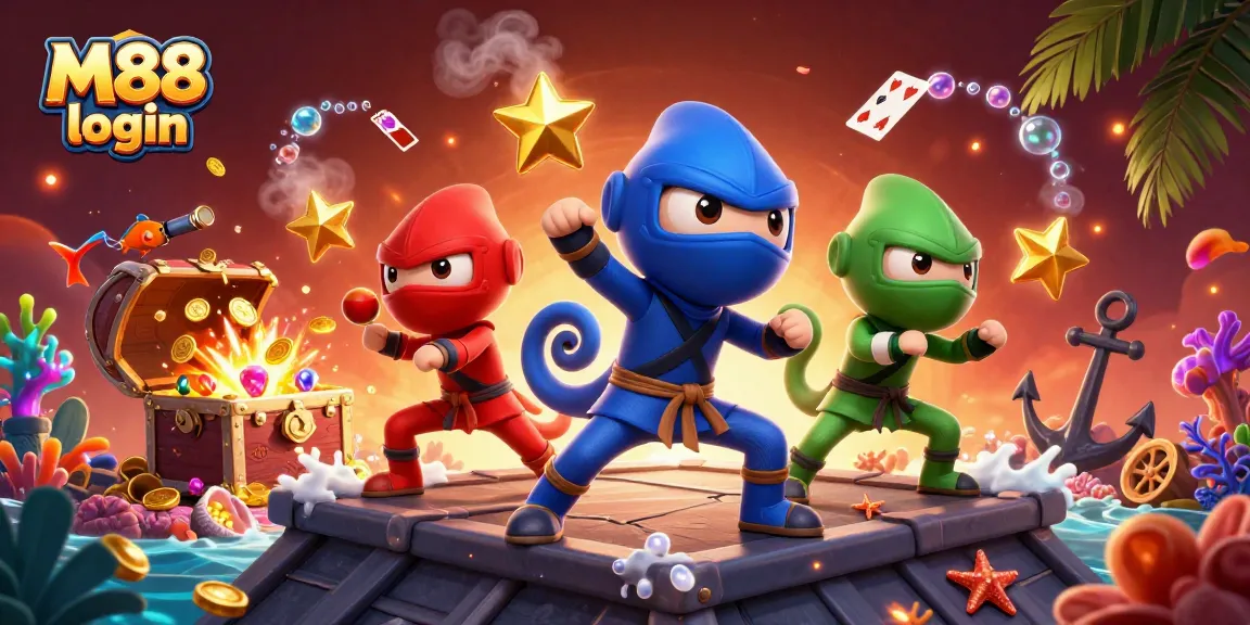 M88 login showcases a vibrant scene with ninja chameleons and casino elements, ensuring the thrill of online gaming.