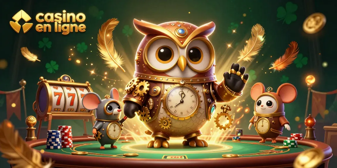 Visualisez un casino en ligne animé avec une chouette voyageuse et des jeux de casino modernes.