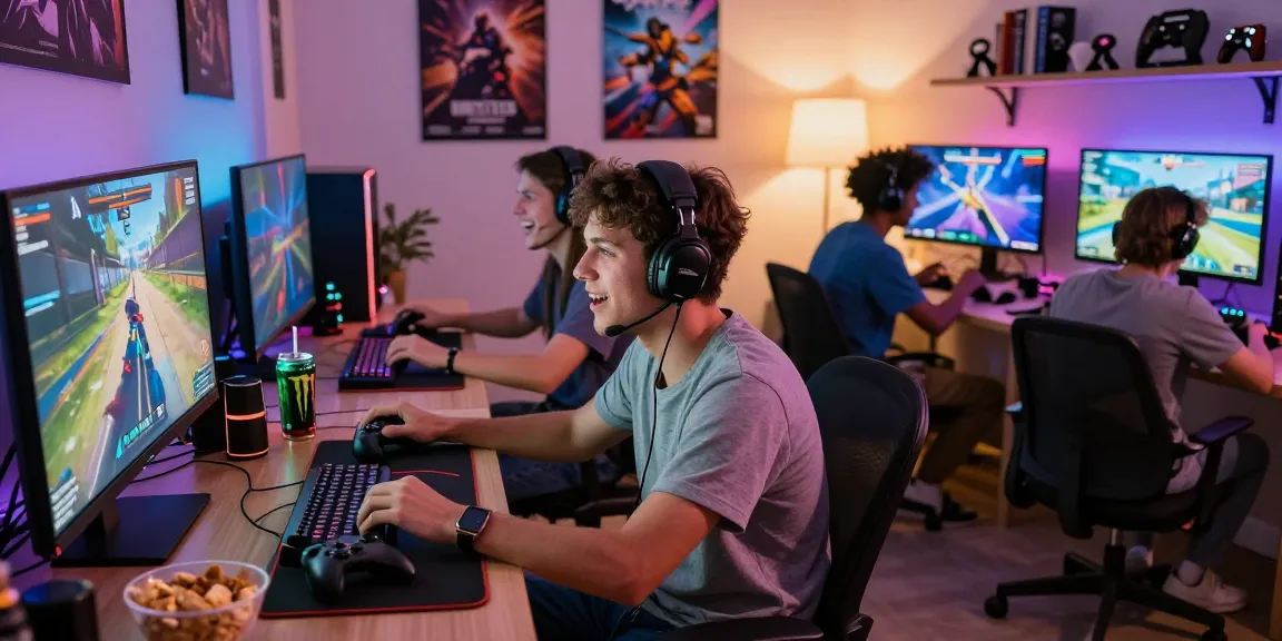Kumpulnya gamer di ruang tamu yang ceria dengan https://levitraps.com, menampilkan permainan video yang intens dan suasana seru.