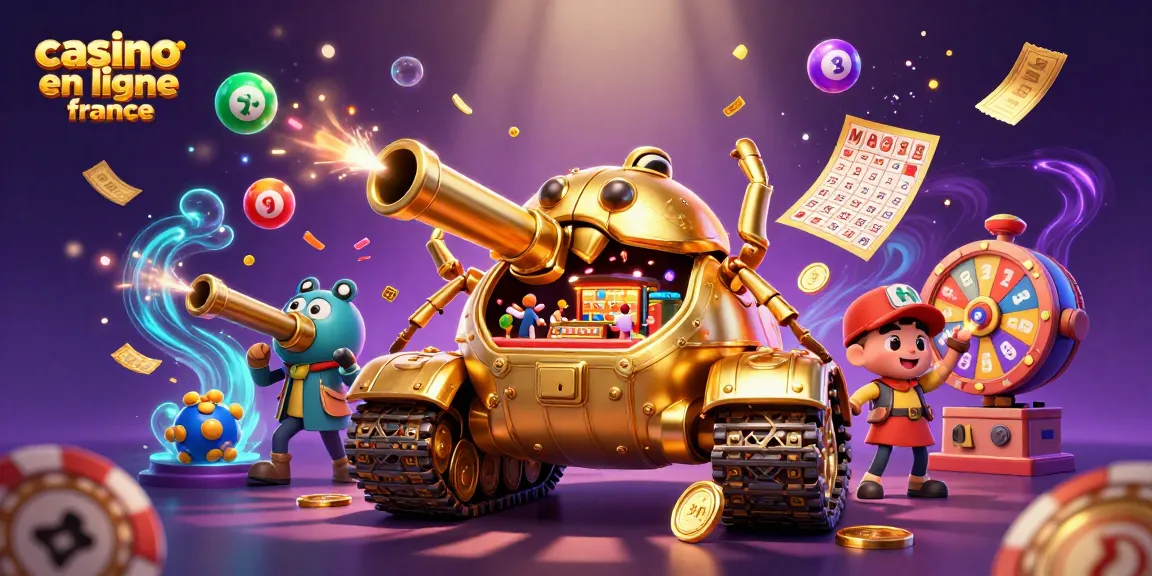 Profitez du casino en ligne France avec une illustration 3D de machine à sous animée et festive.