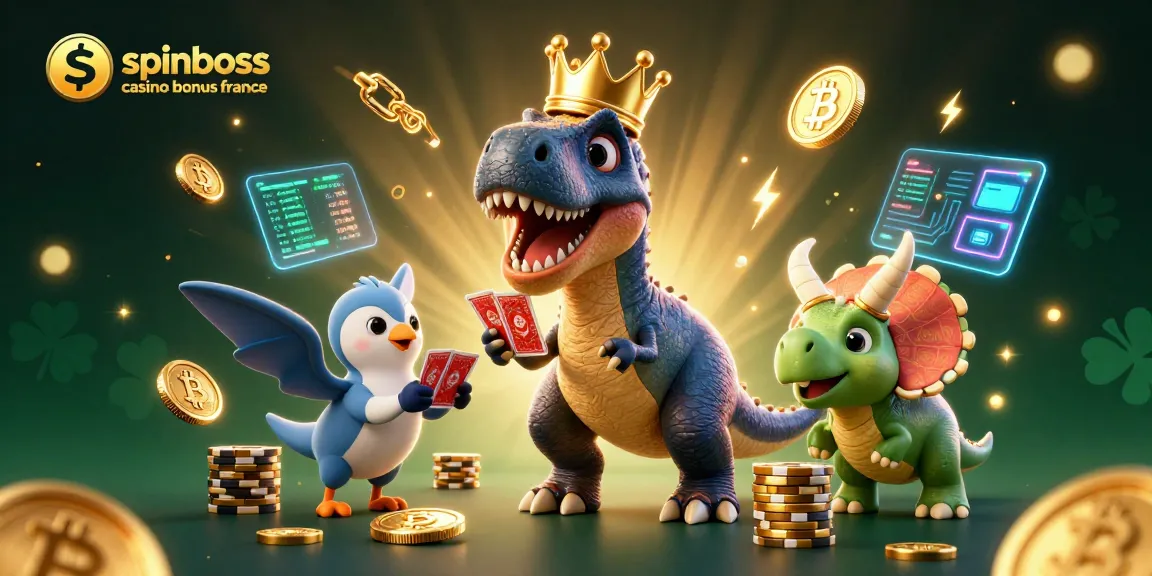 Obtenez le bonus SpinBoss Casino France avec notre illustration dynamique de dinosaures jouant aux cartes.
