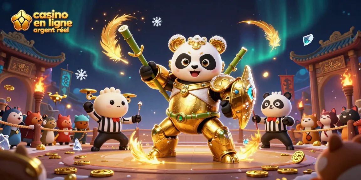 Découvrez le casino en ligne argent réel avec une illustration d'un panda en armure dans une arène animée.