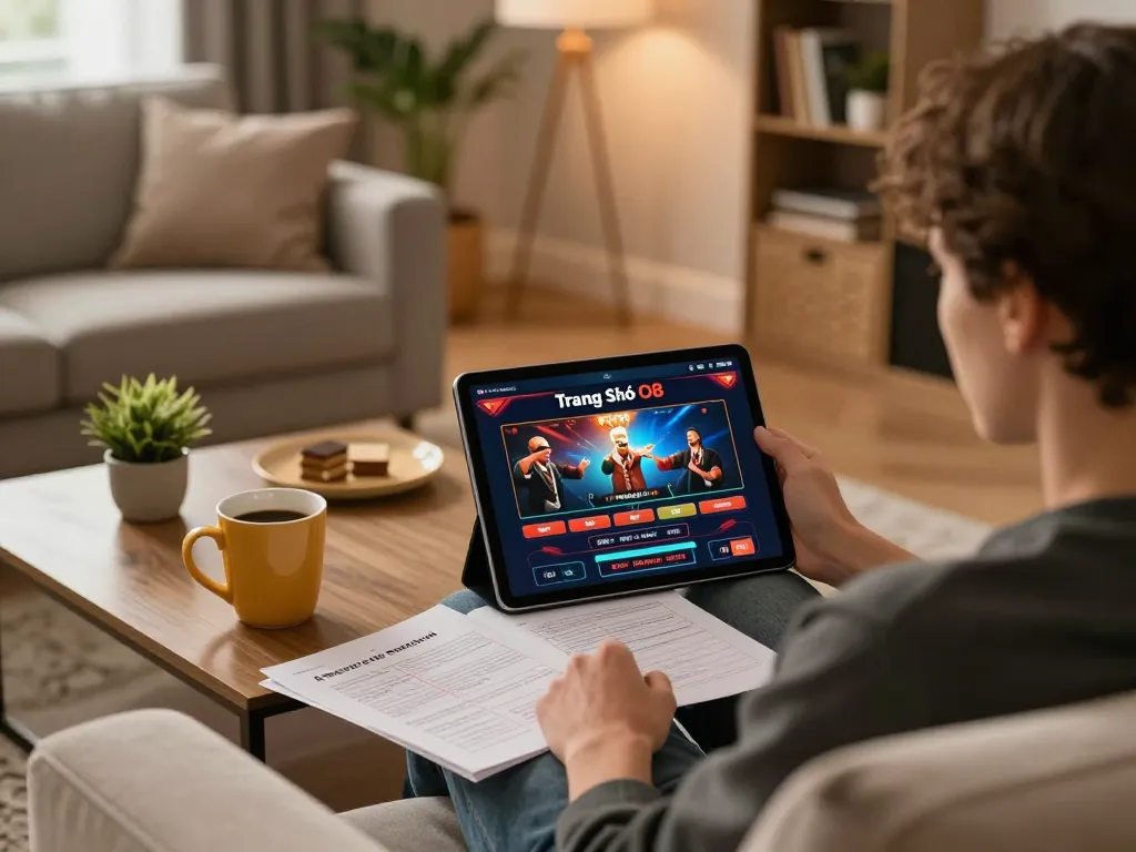 Engaging gameplay on Trang Chủ O8 with user demonstrating strategies on tablet in cozy home setting.