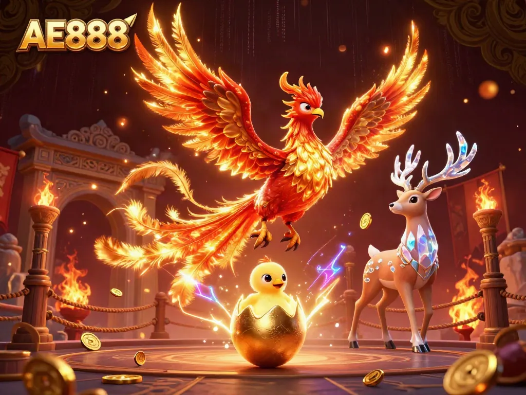 Watch the incredible AE888 fire phoenix soar above a vibrant gaming arena packed with energy and excitement.