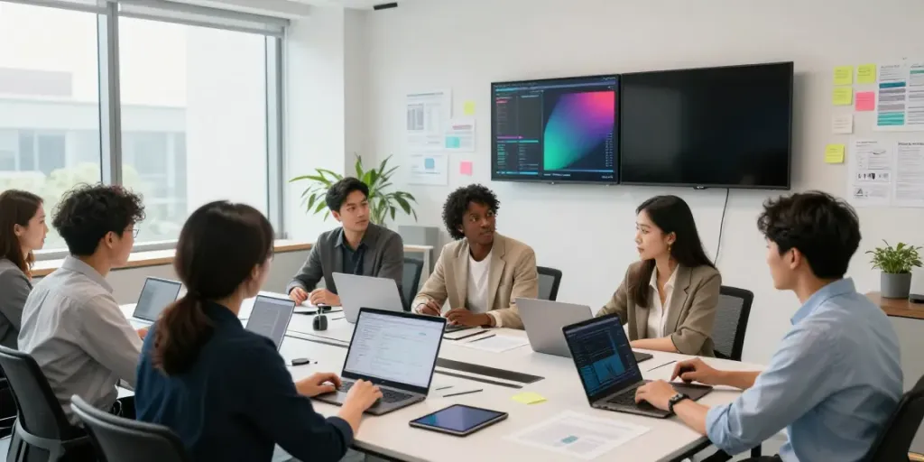 Team analyzing business data from Outscraper in a modern office.