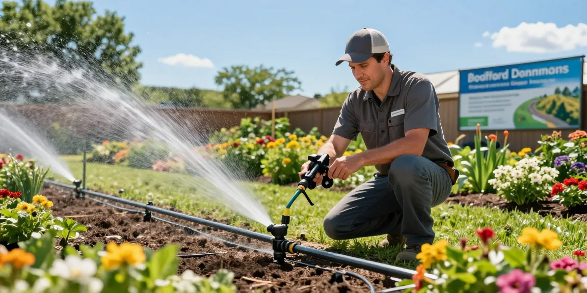 Professional Irrigation Services in Bedford, TX with technician inspecting advanced drip irrigation system in lush garden.