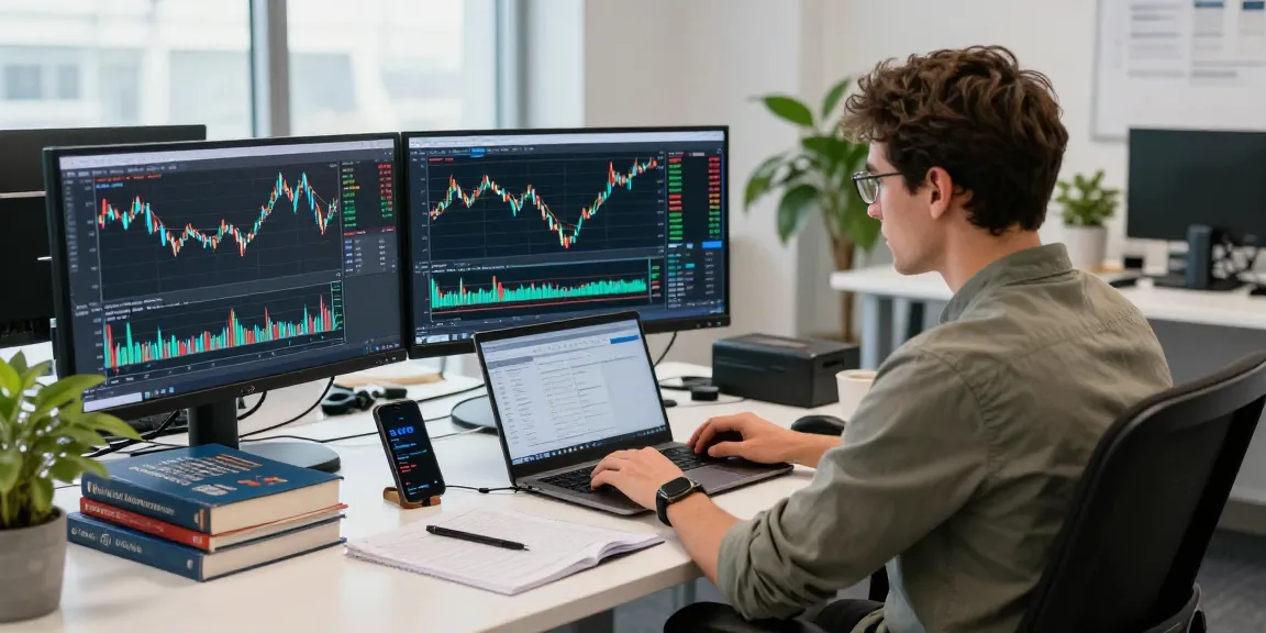 Trader analyzing currency charts on MT4 platform in a modern office