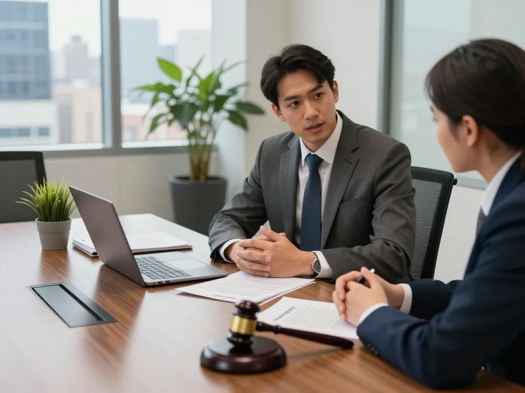 New York City Personal Injury Lawyer consulting with client in a modern office setting.