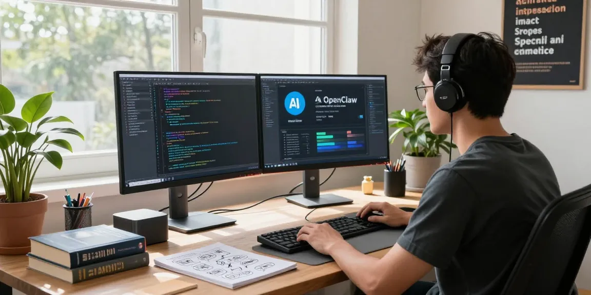 Developer using OpenClaw AI in a modern home office with dual monitors, programming books, and natural light.