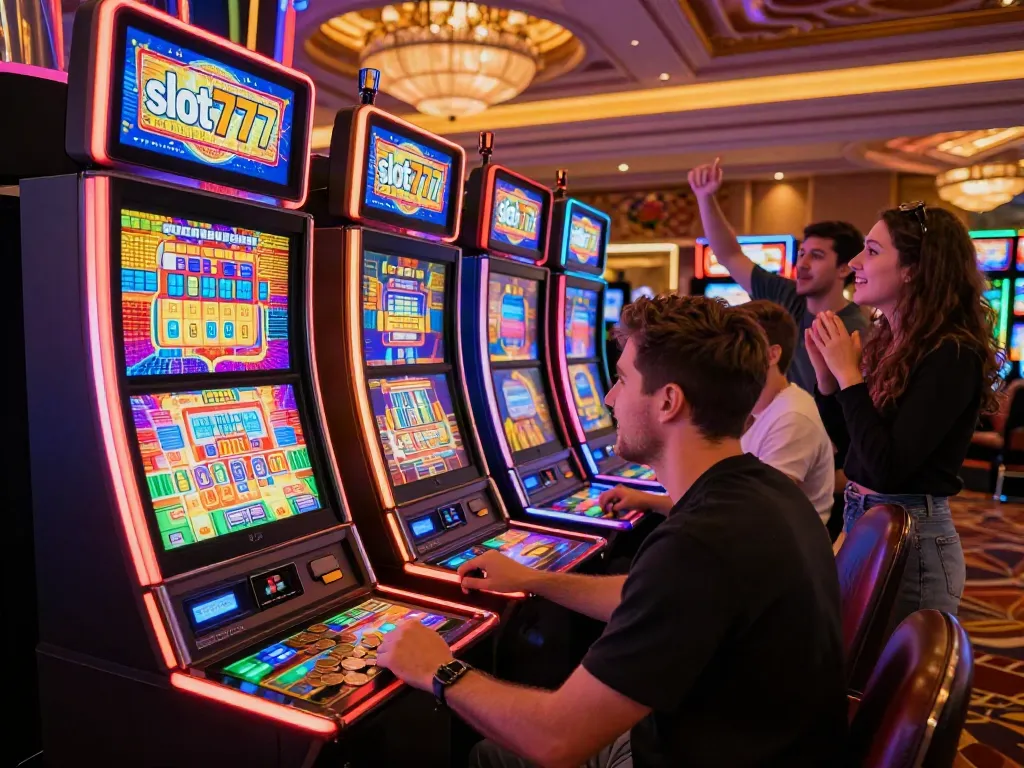 Mesin slot777 yang menarik dengan koin keluar, suasana ceria di kasino.