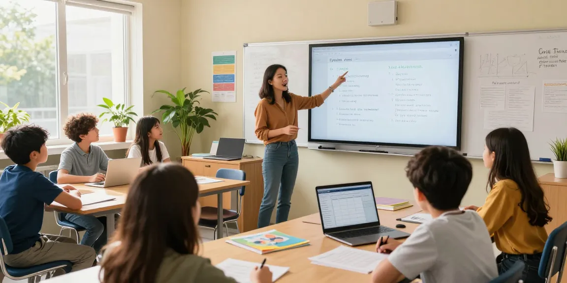 Interactive classroom scene showcasing EMStudio online teacher planner, with engaged students and organized lesson materials.