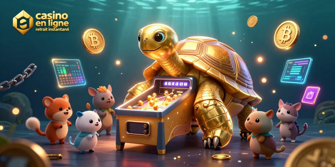 Découvrez le casino en ligne retrait instantané avec cette illustration dynamique d'une tortue en or et des pièces de crypto.