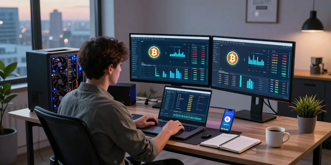 bitcoin mining setup with multiple monitors showing cryptocurrency stats, blockchain data, and a digital wallet overview in a modern office