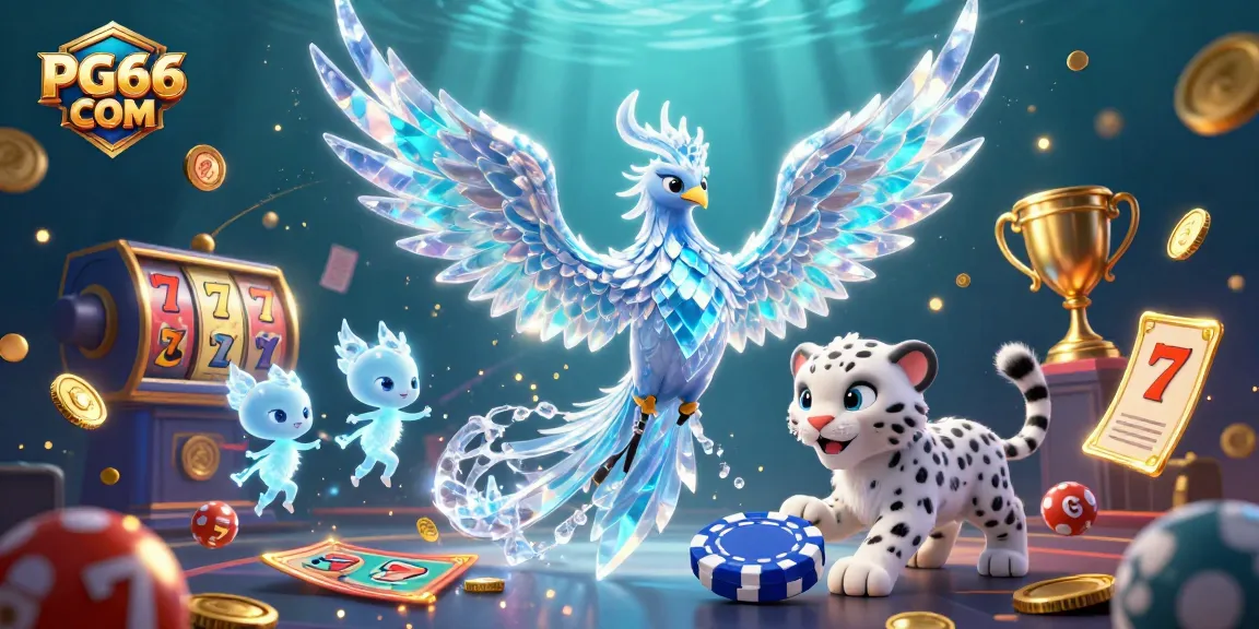 Engage with PG66 COM in a vibrant casino scene featuring an ice phoenix, betting elements, and sparkling coins.