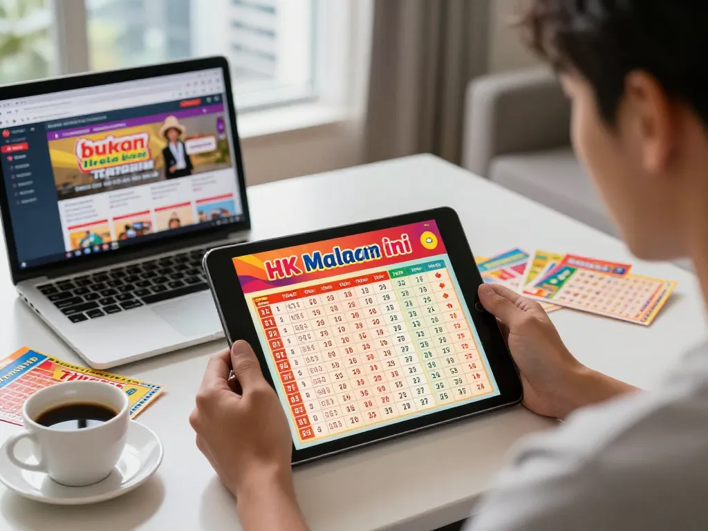 Player excitedly checking HK Malam Ini results on tablet surrounded by lottery tickets.