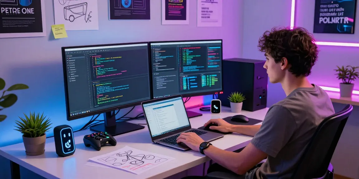 Engaging tech workspace illustrating software development with the theme of teiegramin.com and coding-focused elements.