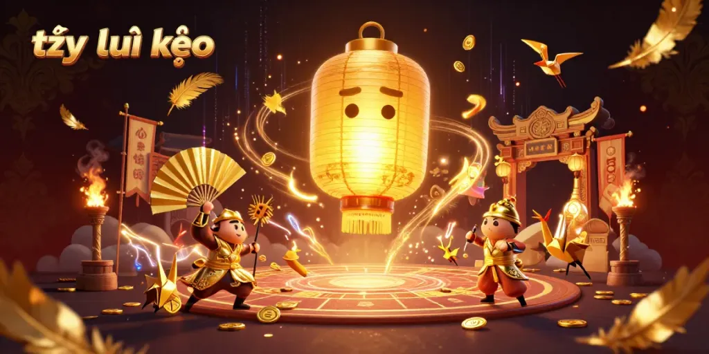Engaging banner depicting tỷ lệ kèo with golden lanterns, warriors, and betting elements in a dynamic casino scene.