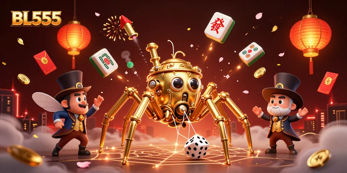 Experience the excitement of BL555 with a stunning 3D illustration of a steampunk spider and game elements.