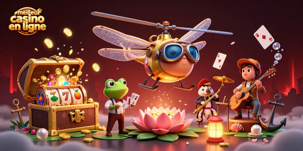 Visualisez "meilleur casino en ligne" avec un pilote libellule dans un casino de nénuphar, une ambiance vibrante.