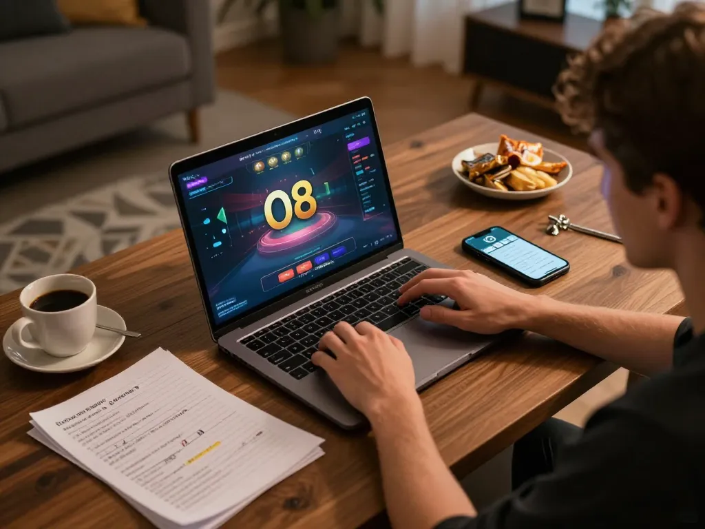 O8 online casino gaming setup with a focused player and strategic notes visible