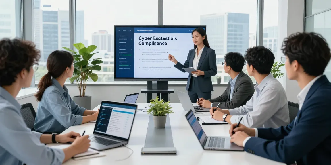 Team discussing cyber essentials managed service compliance in a modern office.