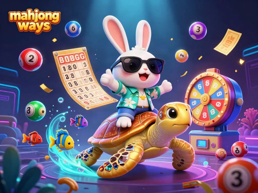 Engaging scene showcasing mahjong ways with a lucky rabbit and golden turtle in a lively casino setting.